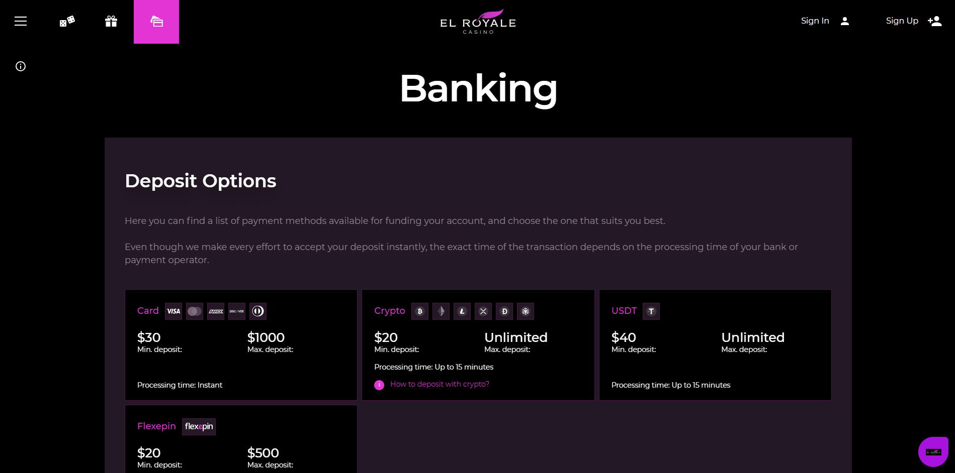 Banking Options and Payout Process